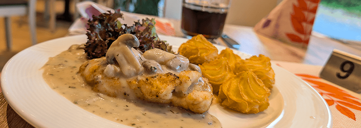 Mittagsgericht in der Ausbildungscafeteria im BerufsBildungsWerk Greifswald Ein Schnitzel mit Champions und Kartoffel-Kroketten und einer Sauce